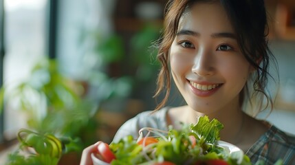 Wall Mural - Healthy lifestyle Close up beautiful young asian woman eating salad smiling happy Healthy eating Food and lifestyle Health Beauty Dieting concept : Generative AI