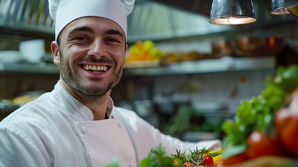 Smiling chef using fresh ingredients while preparing food int he kitchen and looking at camera : Generative AI