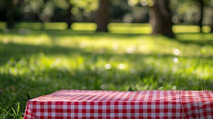 Wall Mural - Red checkered tablecloth on grassempty space blank Food design advertisement template Picnic place Checked cloth Napking laying outdoor : Generative AI