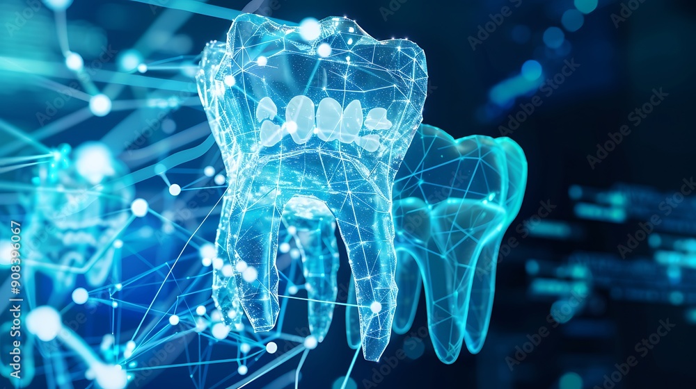 Close up of a digital 3D model of a tooth rendered in a blue and white ...