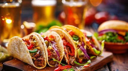 Mexican food featuring tacos burritos nachos burgers and beer : Generative AI