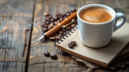 Aufkleber - Cup of coffee with notepad and brown pen on wooden table top view copy space : Generative AI