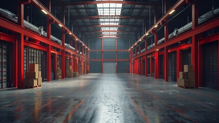 Warehouse interior background  A brand new industrial shed Store factory Industry warehouse space and hardware box for delivery with copy space : Generative AI