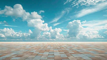 Canvas Print - Empty brick floor and sky clouds background : Generative AI