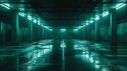 Poster - Sci fi looking dark and moody underground parking lot with fluorescent lights on  Long hall : Generative AI
