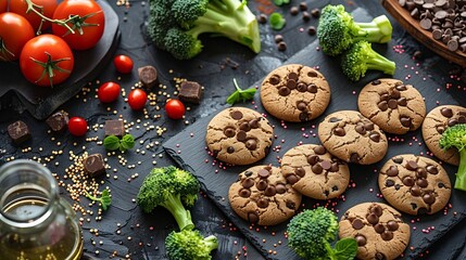 In this board game 
broccoli beats chocolate chip cookies that means healthy food is better than junk food so win this game Creative flat lay concept : Generative AI