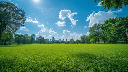 Aufkleber - grassland green field with trees and buildings temple and grand palace in blue skyBangkok thailand : Generative AI