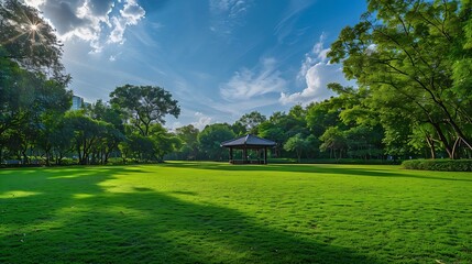 Poster - Panorama public park with clipping path : Generative AI
