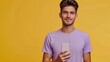 © Generative AI - Young man wear light purple tshirt casual clothes hold in hand use close up mobile cell phone with blank screen workspace area isolated on plain yellow background studio portrait Lifes : Generative AI
