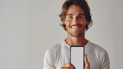 Poster - Handsome young man holding a smartphone mockup with a blank screen and smiling on a white background Celebrating success Gadget with empty space for mockup banner app : Generative AI