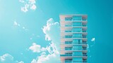 Blue sky background wallpaper copy space architecture white urban design exterior construction facade structure tower view building house built downtown cityscape futuristic skycraper  : Generative AI