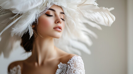 beautiful woman in a white wedding dress with a feathered hat for a photo shoot