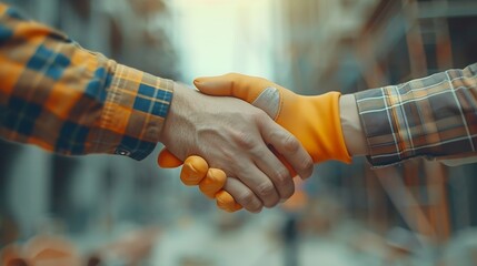 Aufkleber - Construction workers architects and engineers shake hands while working for teamwork and cooperation after completing an agreement in an office facility successful cooperation concept : Generative AI