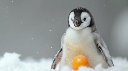 Sticker - A baby penguin sits on a snowbank with an orange ball.