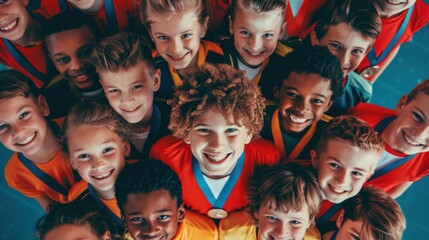 A joyful group of children celebrating their achievements with medals, showcasing teamwork and happiness in vibrant colors.