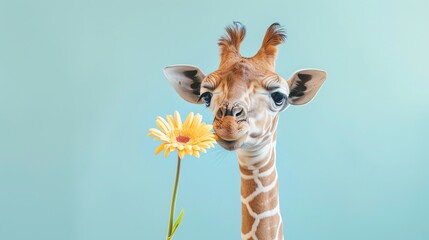 Poster - A cute giraffe with a yellow flower in its mouth.