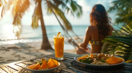 Wall Mural - Woman on tropical healthy breakfast in hotel with sandy sea beach palm trees and swing on background Salad fruits and fresh orange juice on morning food Luxury resort holidays in Thail : Generative AI