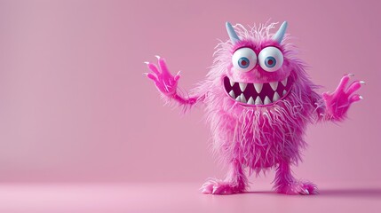 Canvas Print - A cute, pink, furry monster with big eyes and sharp claws.