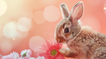 A baby bunny with brown fur holds a pink flower.