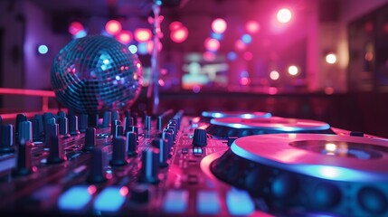 Poster - Empty DJ mixing panel at funky club spotlights and disco ball at the bar used for dancing and clubbing Dance floor at discotheque with audio equipment station used for partying nightli : Generative AI