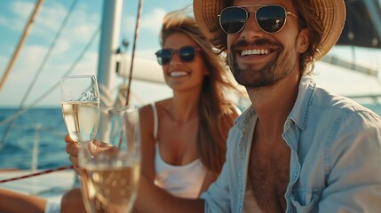 Sticker - Group of man and woman friends enjoy party drinking champagne together while catamaran boat sailing in summer sunny day Male and female relax outdoor lifestyle on sail yacht tropical t : Generative AI