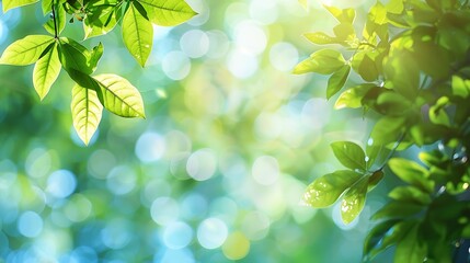 Poster - Summer background of blue and green blurred foilage and sky with bright bokeh Blurry abstract summer background Natural green leaves using as cover page greenery environment ecology ba : Generative AI