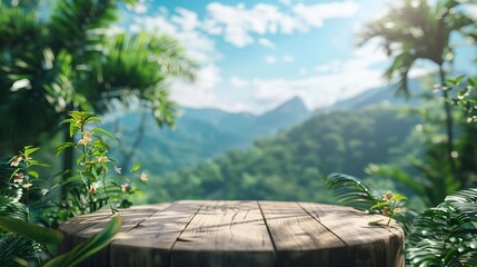 Aufkleber - Surreal wood podium with tropical forest plant blur blue sky montains landscape nature backgroundProduct present natural placement pedestal minimal displaysummer paradise dreamy concep : Generative AI