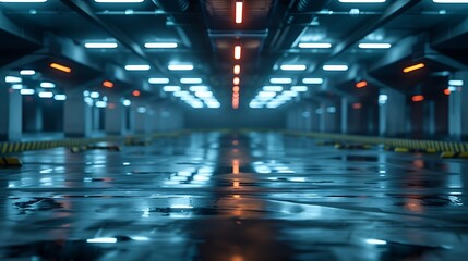 Poster - Sci fi looking dark and moody underground parking lot with fluorescent lights on  Long hall : Generative AI