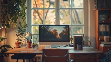 Empty workspace and a computer in a home office for remote work business or design of desk Working creative and a table with a pc and setup for a freelance career or entrepreneurship f : Generative AI