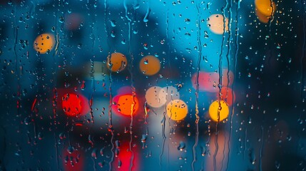 Poster - Rain drops on window glass close up background texture View on rainy street town from home : Generative AI