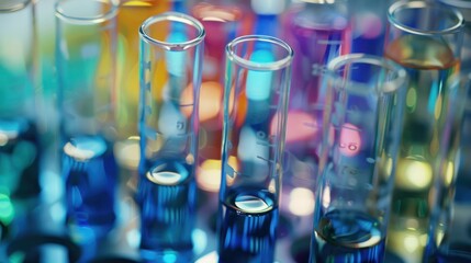 Close-up of test tubes with various colored liquids in a laboratory. 