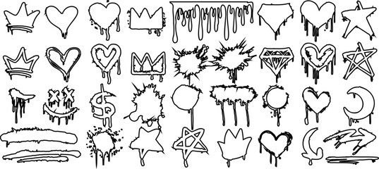 Wall Mural - Graffiti symbol set including heart, crown, star, arrow, dollar sign, lip, and moon in black and white. Dripping and sketched style for urban, street art, and trendy designs
