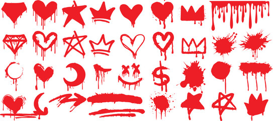 Wall Mural - spray paint drips, graffiti, red, heart, star, crown, dollar sign, arrow icon, diamond, moon, splatt
