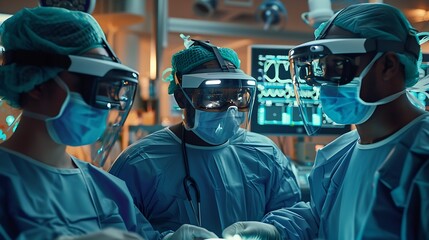 Multiethnic surgeons in AR headsets work in hightech operating room Medical professionals using AI virtual holographic display 3D graphics of health monitors and human organs Future of : Generative AI