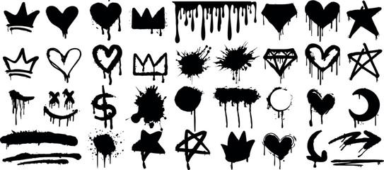 Wall Mural - graffiti art symbols, hearts, crowns, stars, paint splatters, dripping ink vector creative black ink