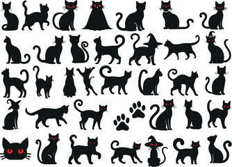 Wall Mural - halloween cat silhouette, black cat illustrations, spooky feline designs, witch cat, red eyes, hallo
