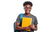 © The Stock Guy - Smiling young African American college student with books and backpack, wearing glasses, isolated on transparent background