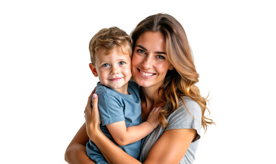 Poster - Portrait of a happy mother hugging and having fun with her son, family relationship, isolated on transparent background