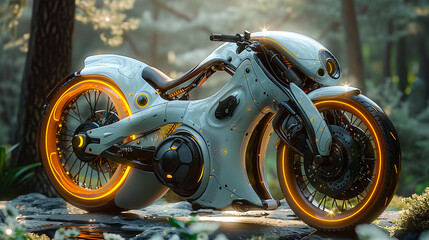 A futuristic motorcycle with orange accents is parked in a forest