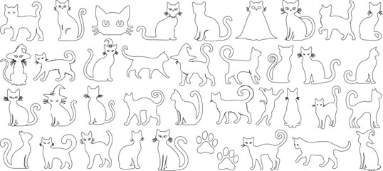 Wall Mural - Cat illustration, cat doodle and sketches, adorable, feline drawings, paw vector art, playful kitten, minimalist line art