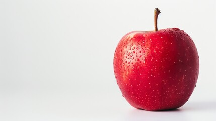 Wall Mural - a single red apple with water drops sits on a white background.