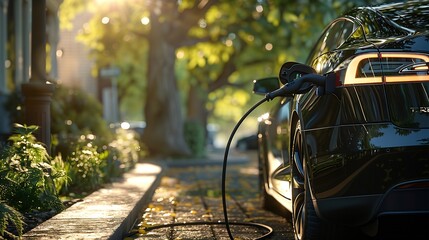 Wall Mural - Power cable connected with a charger plugged into a black electric car sun and tree in the background close up : Generative AI