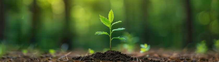 Close-up of young plant seedling growing in fertile soil with blurred forest background, symbolizing growth, new beginnings, and sustainability.