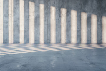 Sticker - Sunlight creates striking patterns on a concrete wall and floor, casting long shadows through vertical structures. Modern, minimalistic architecture shot.