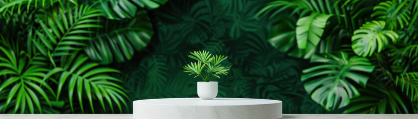 Wall Mural - Minimalistic white podium with green tropical plants in the background, perfect for product display or presentation.