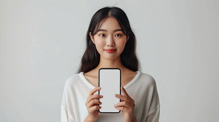 Aufkleber - beautiful Asian young woman showing big smart phone with blank screen  white screen empty copy space for advertising banner isolated on white background  Mock Up Image : Generative AI