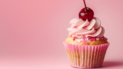 Sticker - A cupcake with pink frosting and a cherry on top.