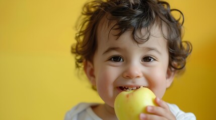 Wall Mural - Adorable latin toddler smiling happy eating green apple looking to the camera over isolated yellow background : Generative AI