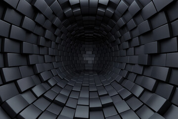 Wall Mural - abstract digital art featuring a black geometric tunnel made of interlocking square blocks, creating