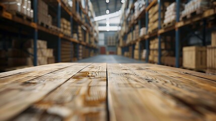 Wall Mural - The empty wooden table top with blur background of warehouse storage Exuberant image : Generative AI